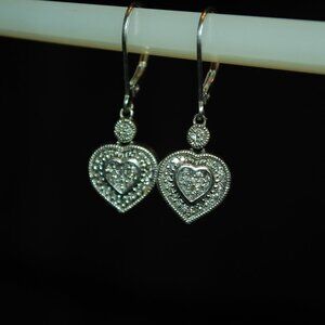 925 Sterling Silver Heart Diamond Leverback Earrings